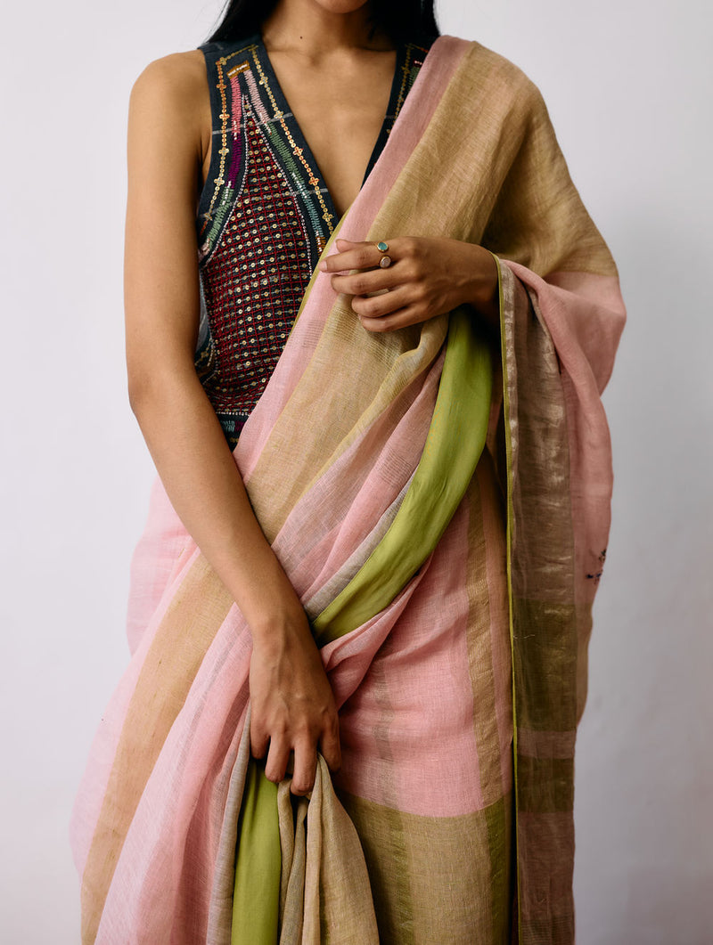 Afra Metallic Handloom Linen Saree-Metallic Pink linen saree by Manan in pink for women Worldwide