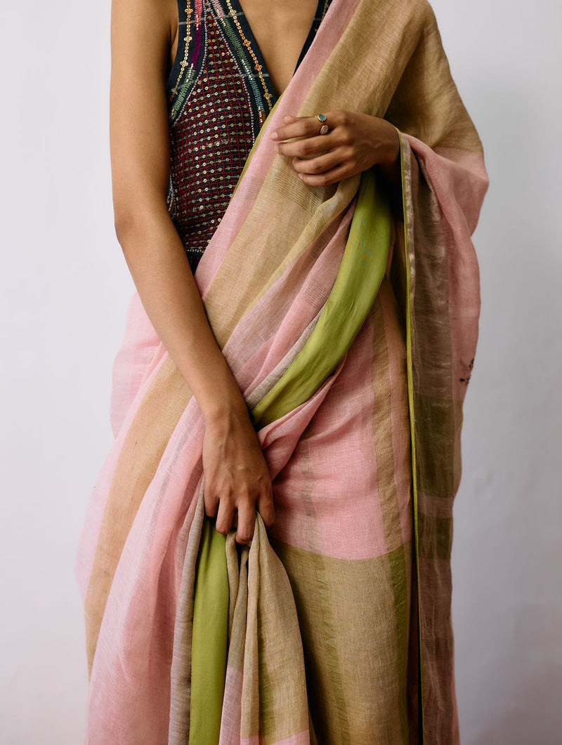 Afra Metallic Handloom Linen Saree-Metallic Pink linen saree by Manan in pink for women Worldwide