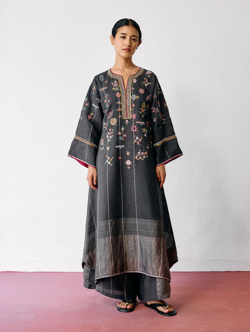 Ura Hand-Embroidered Metallic Linen Kurta Set-Charcoal linen kurta/kurta set by Manan in black for women Worldwide