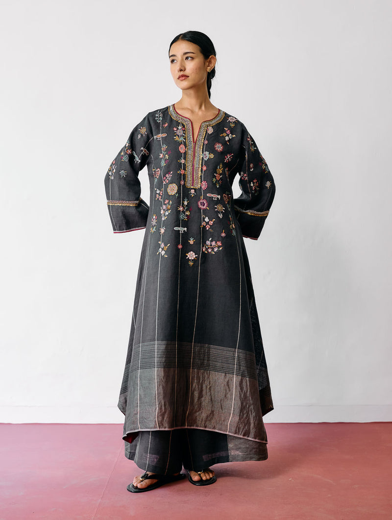 Ura Hand-Embroidered Metallic Linen Kurta-Charcoal linen kurta/kurta set by Manan in black for women Worldwide