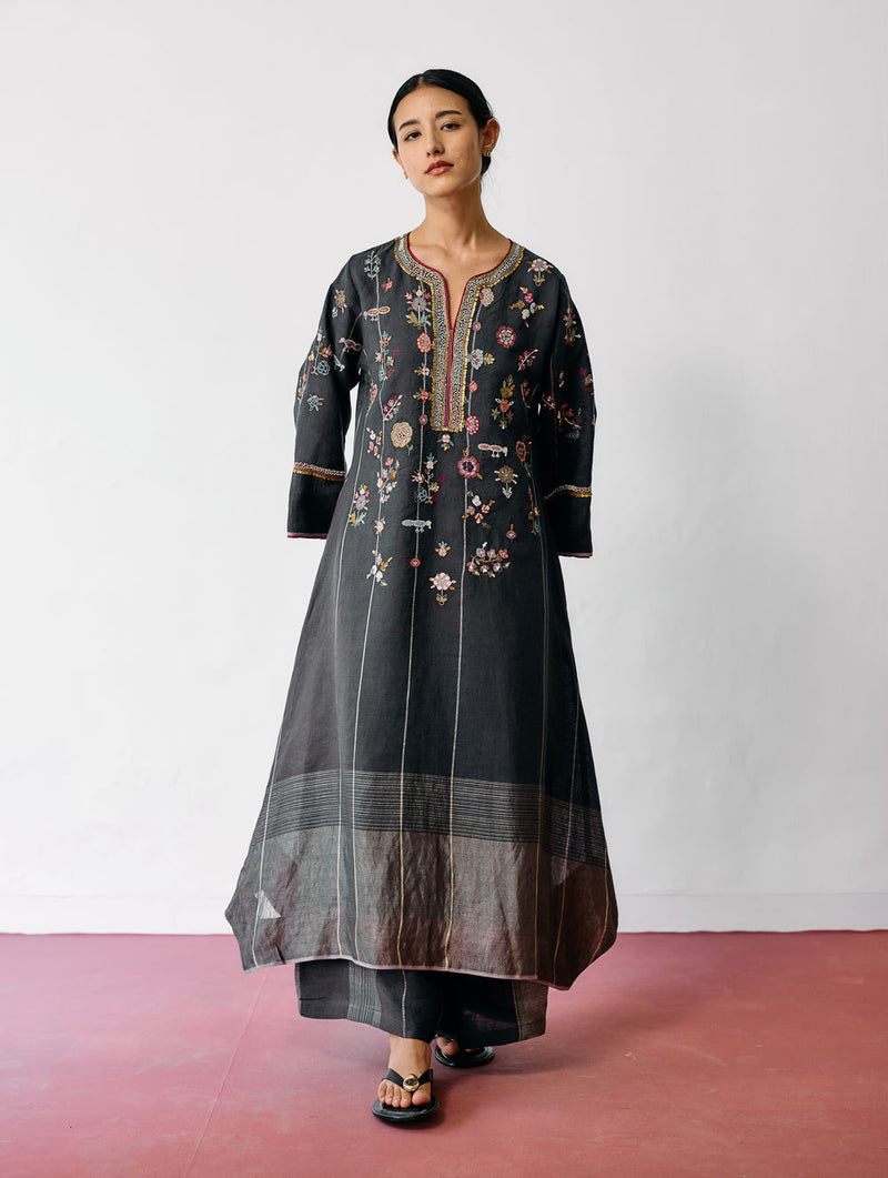 Ura Hand-Embroidered Metallic Linen Kurta Set-Charcoal linen kurta/kurta set by Manan in black for women Worldwide
