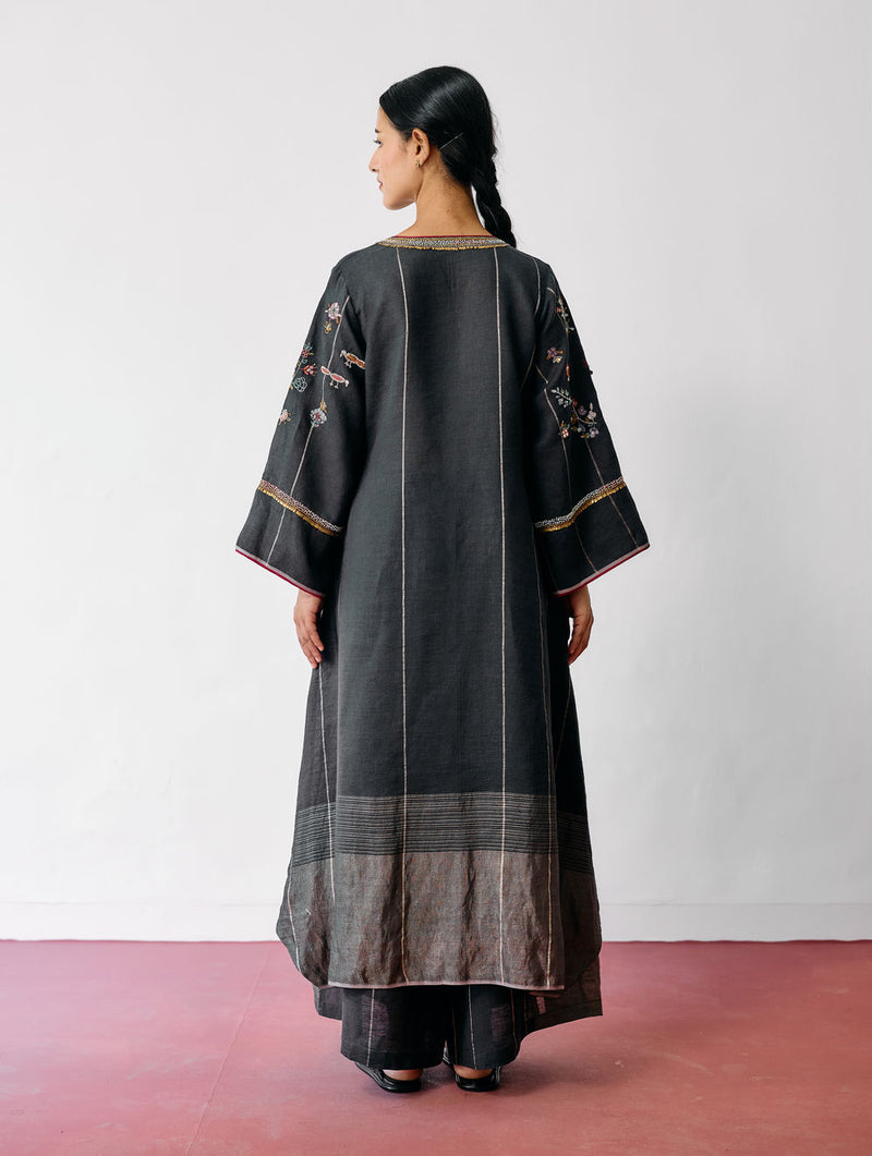 Ura Hand-Embroidered Metallic Linen Kurta-Charcoal linen kurta/kurta set by Manan in black for women Worldwide