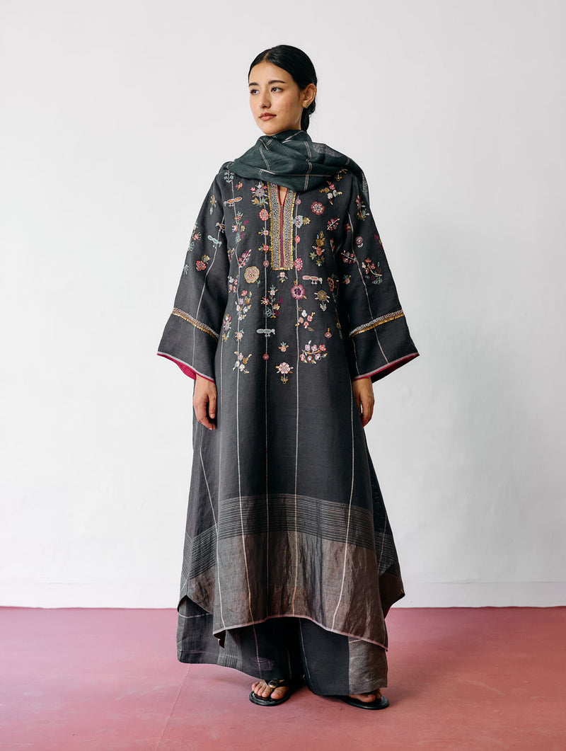 Ura Hand-Embroidered Metallic Linen Kurta Set-Charcoal linen kurta/kurta set by Manan in black for women Worldwide