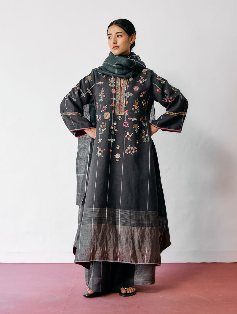 Ura Hand-Embroidered Metallic Linen Kurta Set-Charcoal linen kurta/kurta set by Manan in black for women Worldwide