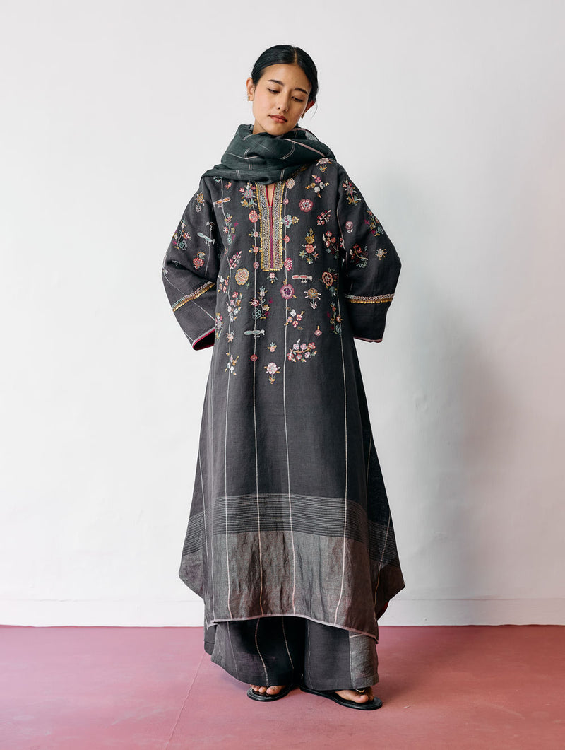 Ura Hand-Embroidered Metallic Linen Kurta Set-Charcoal linen kurta/kurta set by Manan in black for women Worldwide