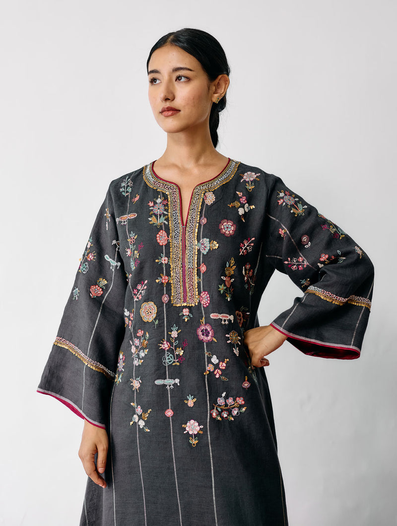 Ura Hand-Embroidered Metallic Linen Kurta-Charcoal linen kurta/kurta set by Manan in black for women Worldwide