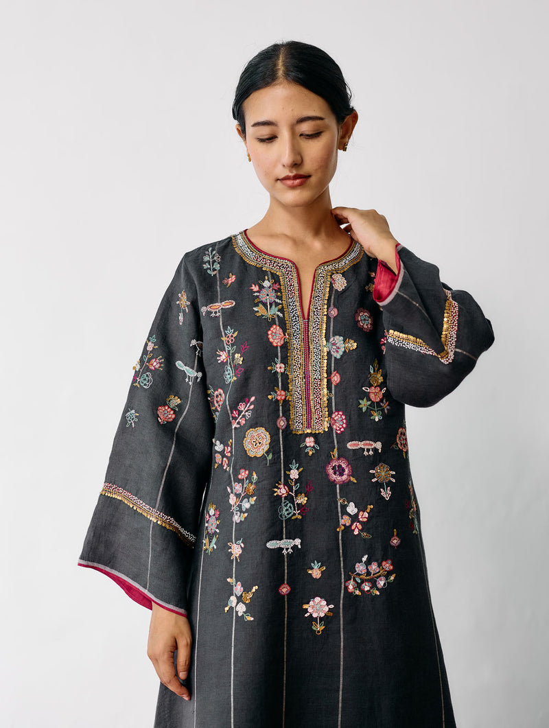 Ura Hand-Embroidered Metallic Linen Kurta-Charcoal linen kurta/kurta set by Manan in black for women Worldwide