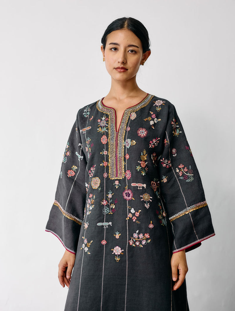 Ura Hand-Embroidered Metallic Linen Kurta Set-Charcoal linen kurta/kurta set by Manan in black for women Worldwide