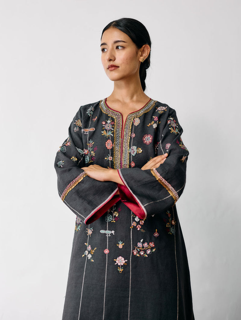 Ura Hand-Embroidered Metallic Linen Kurta Set-Charcoal linen kurta/kurta set by Manan in black for women Worldwide