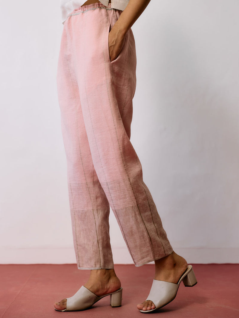Nila Tapered Metallic Linen Pants-Pink linen pant/trousers by Manan in pink for women Worldwide