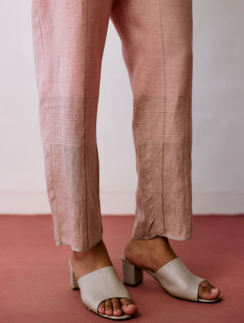 Nila Tapered Metallic Linen Pants-Pink linen pant/trousers by Manan in pink for women Worldwide