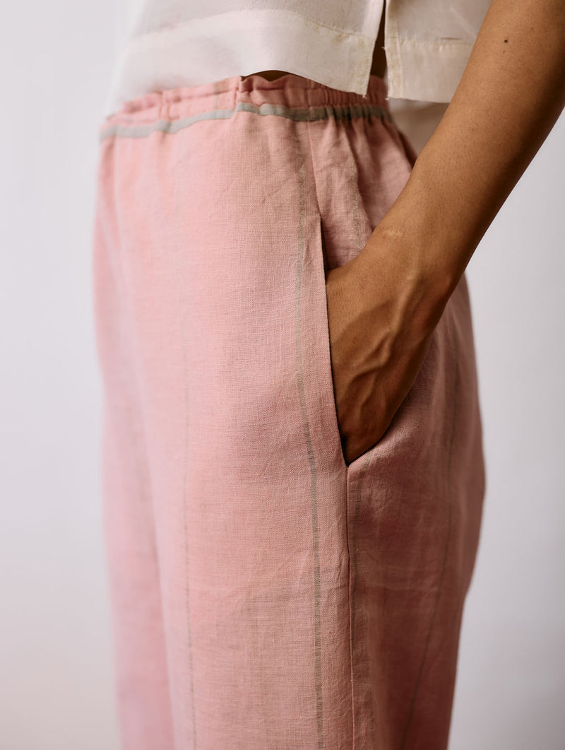 Nila Tapered Metallic Linen Pants-Pink linen pant/trousers by Manan in pink for women Worldwide