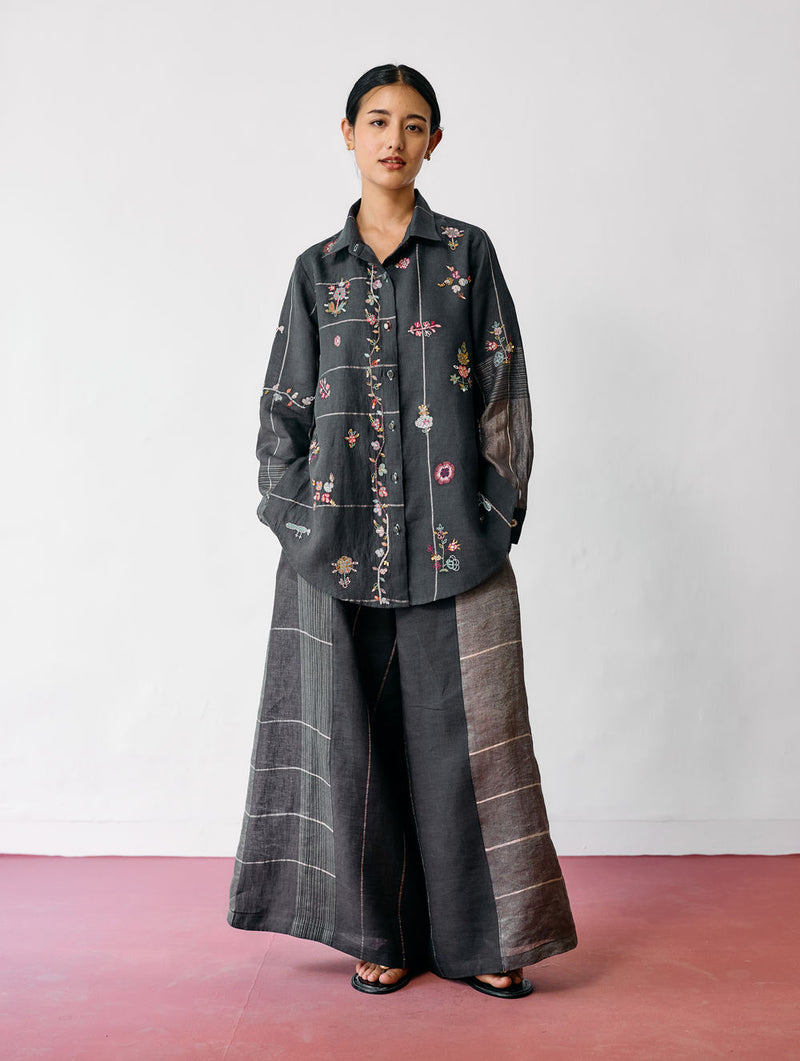 Mansa Floral Hand-Embroidered Co-ord-Charcoal linen co-ord set by Manan in black for women Worldwide