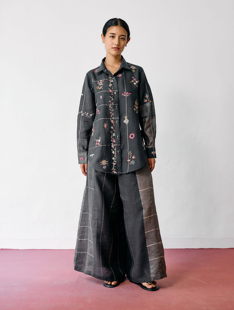 Mansa Floral Hand-Embroidered Co-ord-Charcoal linen co-ord set by Manan in black for women Worldwide