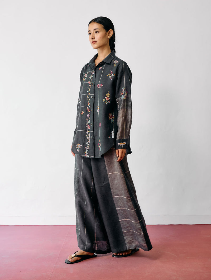 Mansa Floral Hand-Embroidered Co-ord-Charcoal linen co-ord set by Manan in black for women Worldwide