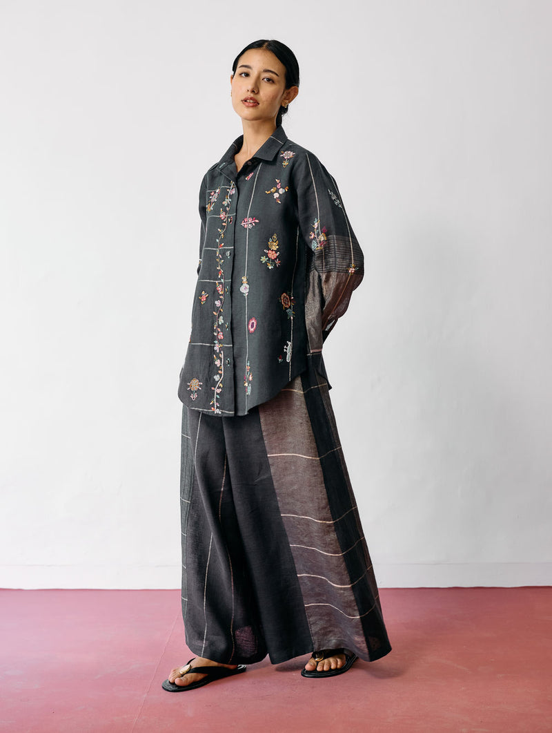 Mansa Floral Hand-Embroidered Co-ord-Charcoal linen co-ord set by Manan in black for women Worldwide