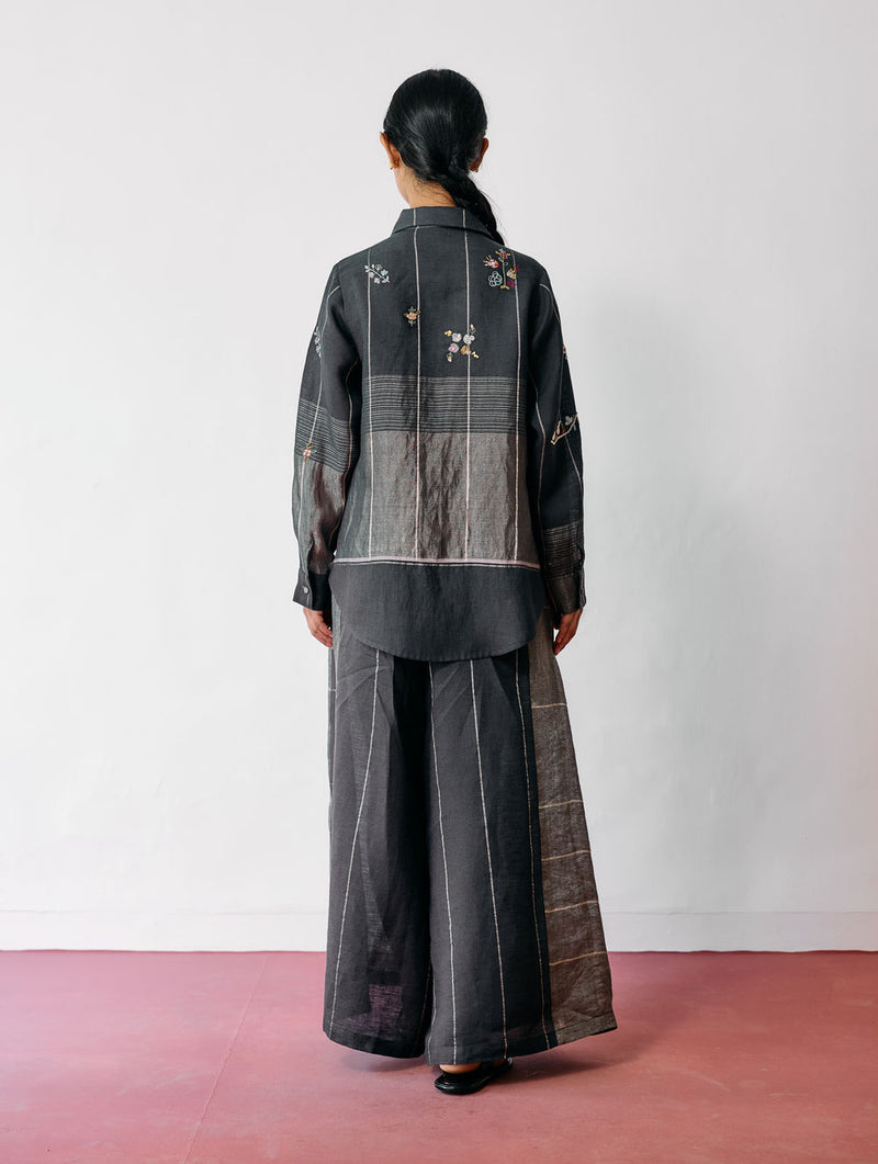 Mansa Floral Hand-Embroidered Shirt-Charcoal linen top/shirt by Manan in black for women Worldwide