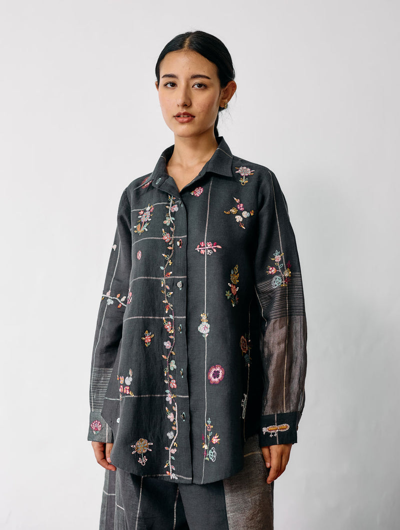 Mansa Floral Hand-Embroidered Shirt-Charcoal linen top/shirt by Manan in black for women Worldwide