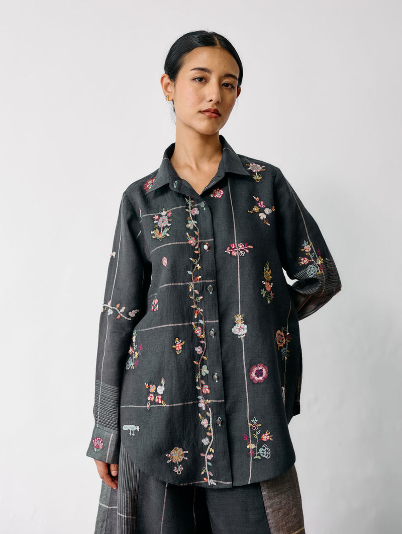 Mansa Floral Hand-Embroidered Shirt-Charcoal linen top/shirt by Manan in black for women Worldwide