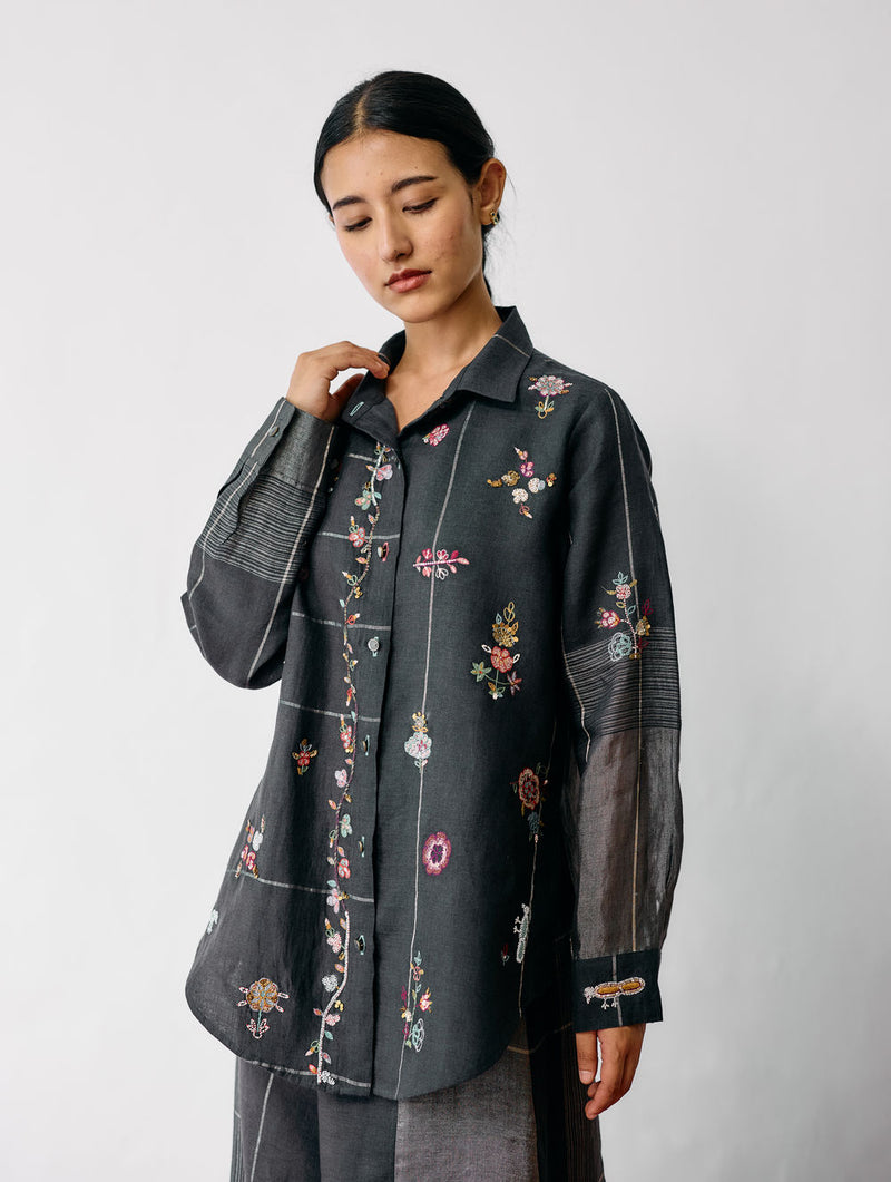 Mansa Floral Hand-Embroidered Shirt-Charcoal linen top/shirt by Manan in black for women Worldwide