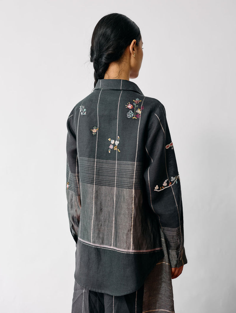 Mansa Floral Hand-Embroidered Shirt-Charcoal linen top/shirt by Manan in black for women Worldwide