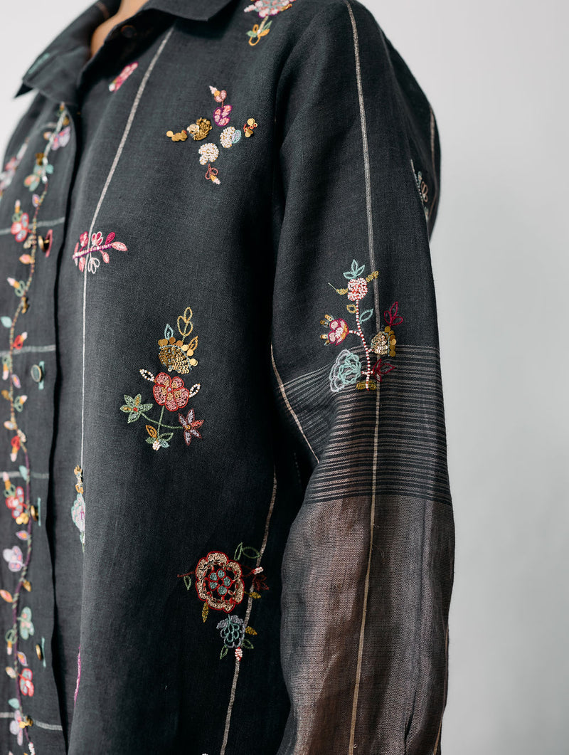 Mansa Floral Hand-Embroidered Shirt-Charcoal linen top/shirt by Manan in black for women Worldwide