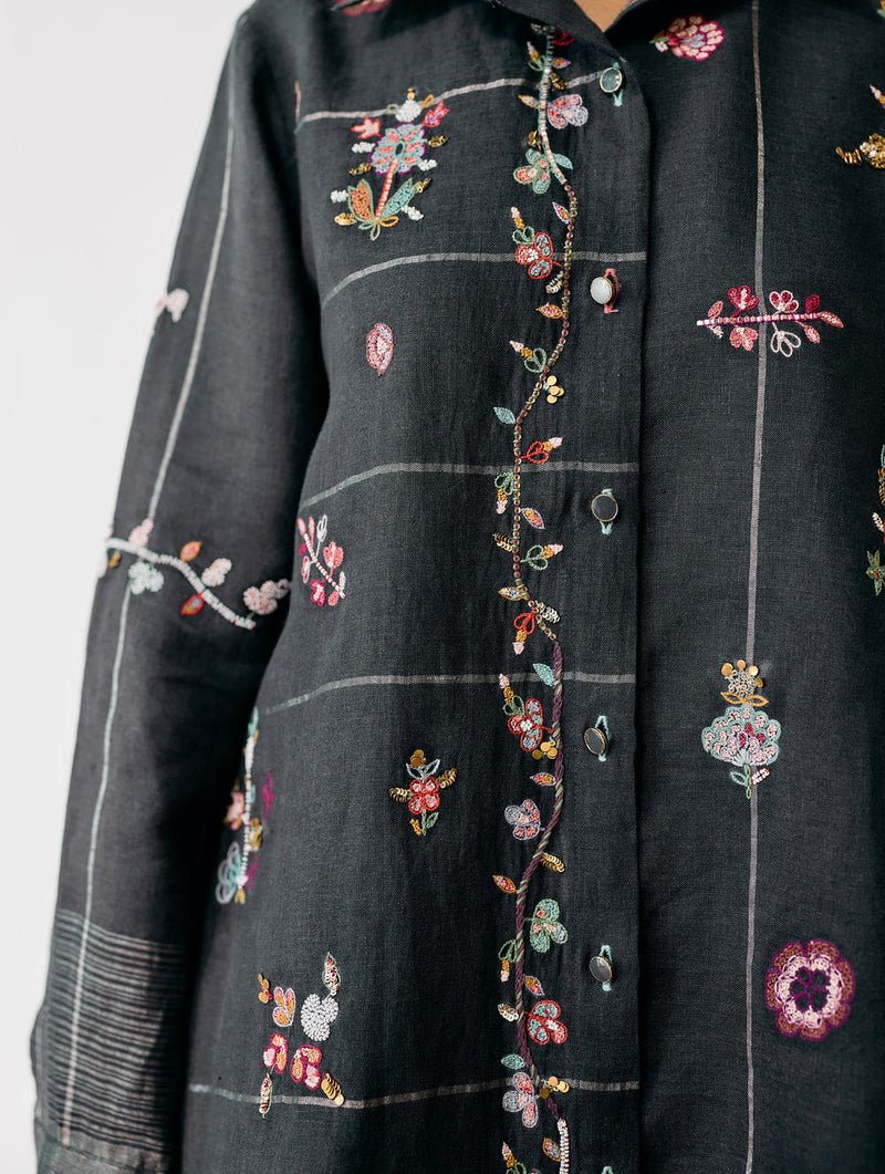 Mansa Floral Hand-Embroidered Shirt-Charcoal linen top/shirt by Manan in black for women Worldwide