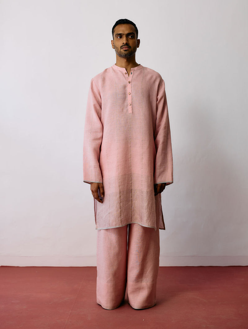 Jawahar Metallic Linen Kurta-Pink linen kurta/kurta set by Manan Men in pink for men Worldwide