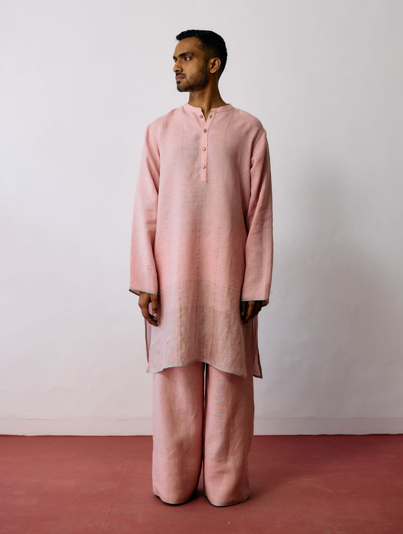 Jawahar Metallic Linen Kurta-Pink linen kurta/kurta set by Manan Men in pink for men Worldwide