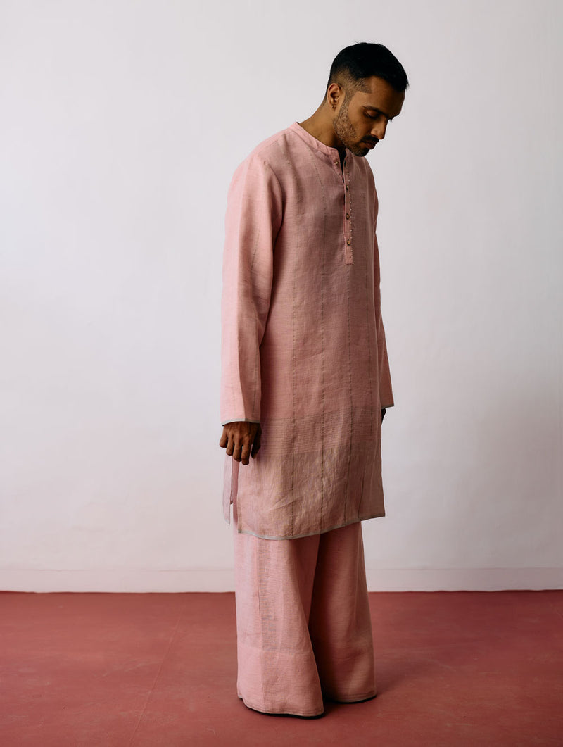 Jawahar Metallic Linen Kurta Set-Pink linen kurta/kurta set by Manan Men in pink for men Worldwide
