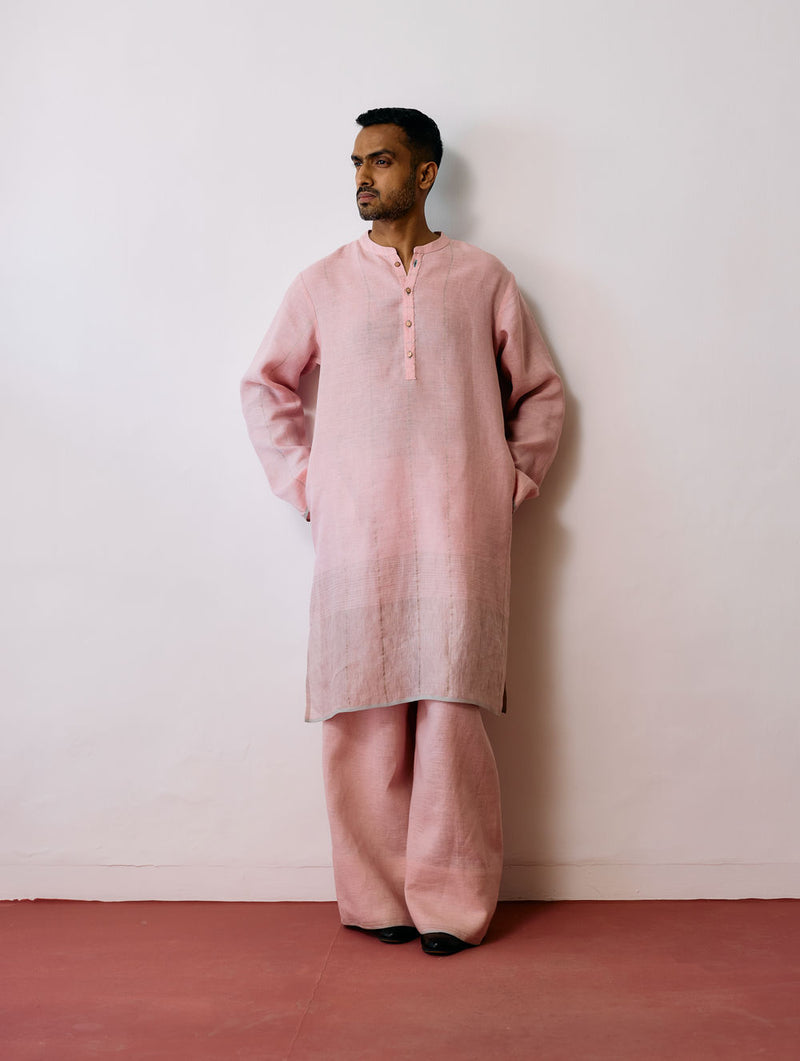 Jawahar Metallic Linen Kurta Set-Pink linen kurta/kurta set by Manan Men in pink for men Worldwide