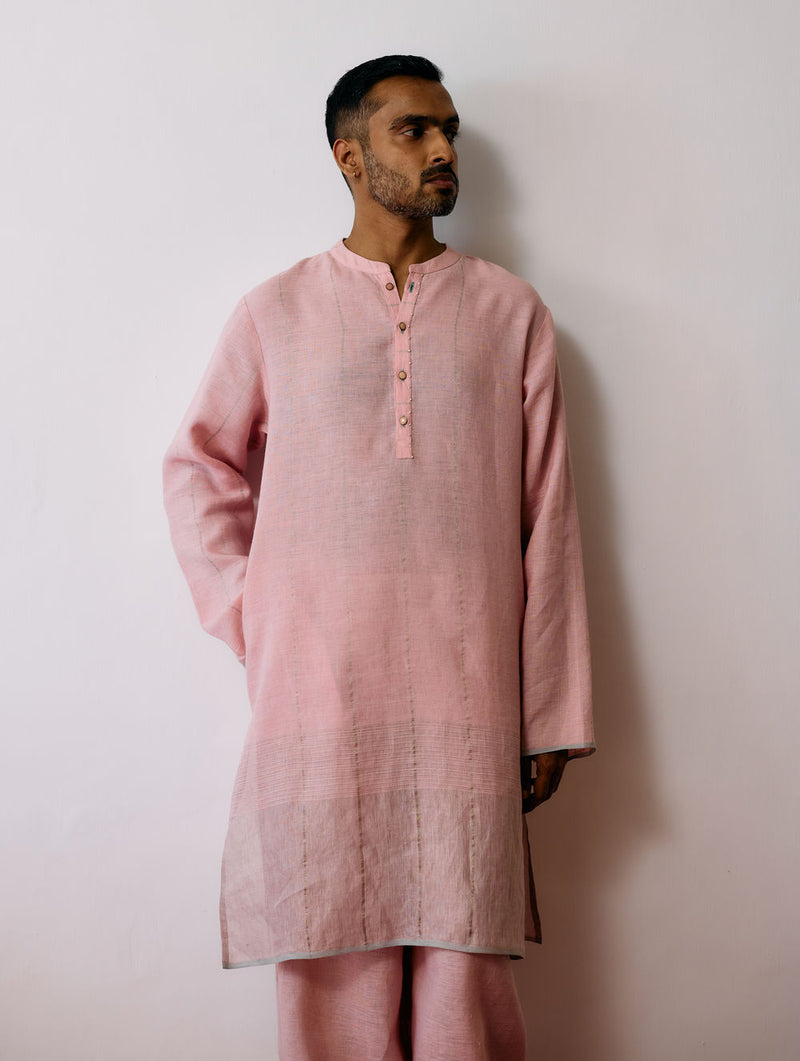 Jawahar Metallic Linen Kurta-Pink linen kurta/kurta set by Manan Men in pink for men Worldwide