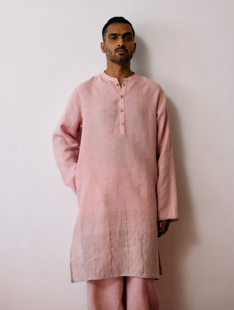 Jawahar Metallic Linen Kurta Set-Pink linen kurta/kurta set by Manan Men in pink for men Worldwide