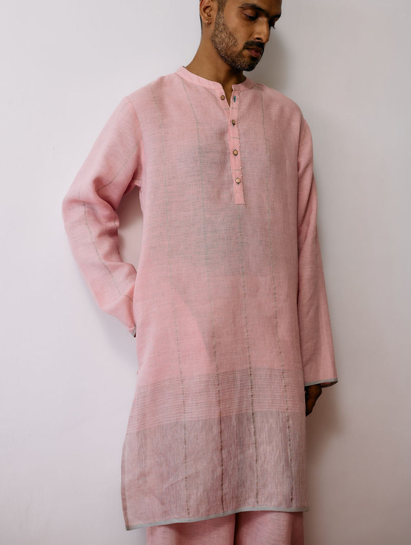 Jawahar Metallic Linen Kurta-Pink linen kurta/kurta set by Manan Men in pink for men Worldwide