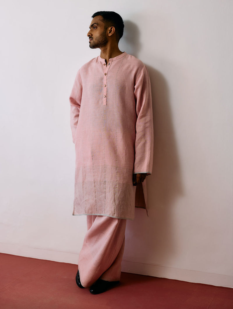 Jawahar Metallic Linen Kurta-Pink linen kurta/kurta set by Manan Men in pink for men Worldwide