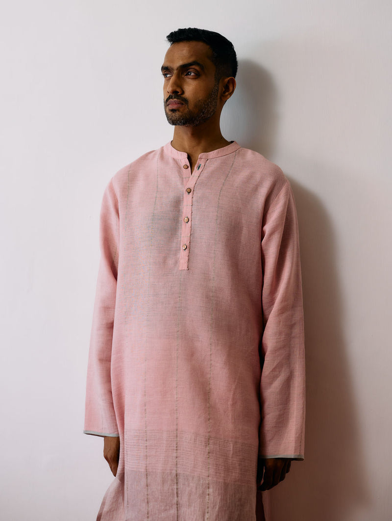 Jawahar Metallic Linen Kurta Set-Pink linen kurta/kurta set by Manan Men in pink for men Worldwide