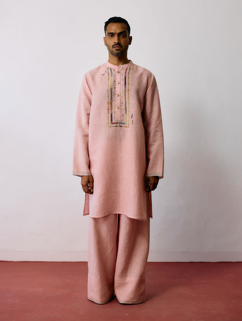 Keta Hand-Embroidered Linen Kurta-Pink linen kurta/kurta set by Manan Men in pink for men Worldwide