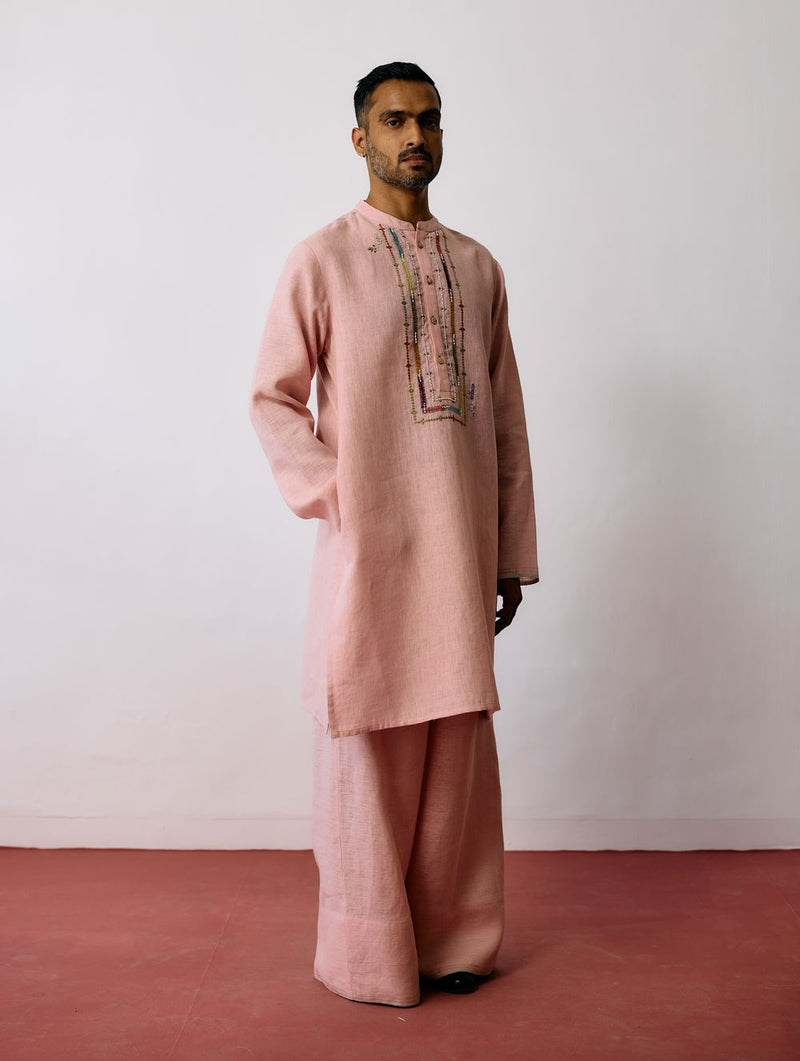 Keta Hand-Embroidered Linen Kurta Set-Pink linen kurta/kurta set by Manan Men in pink for men Worldwide