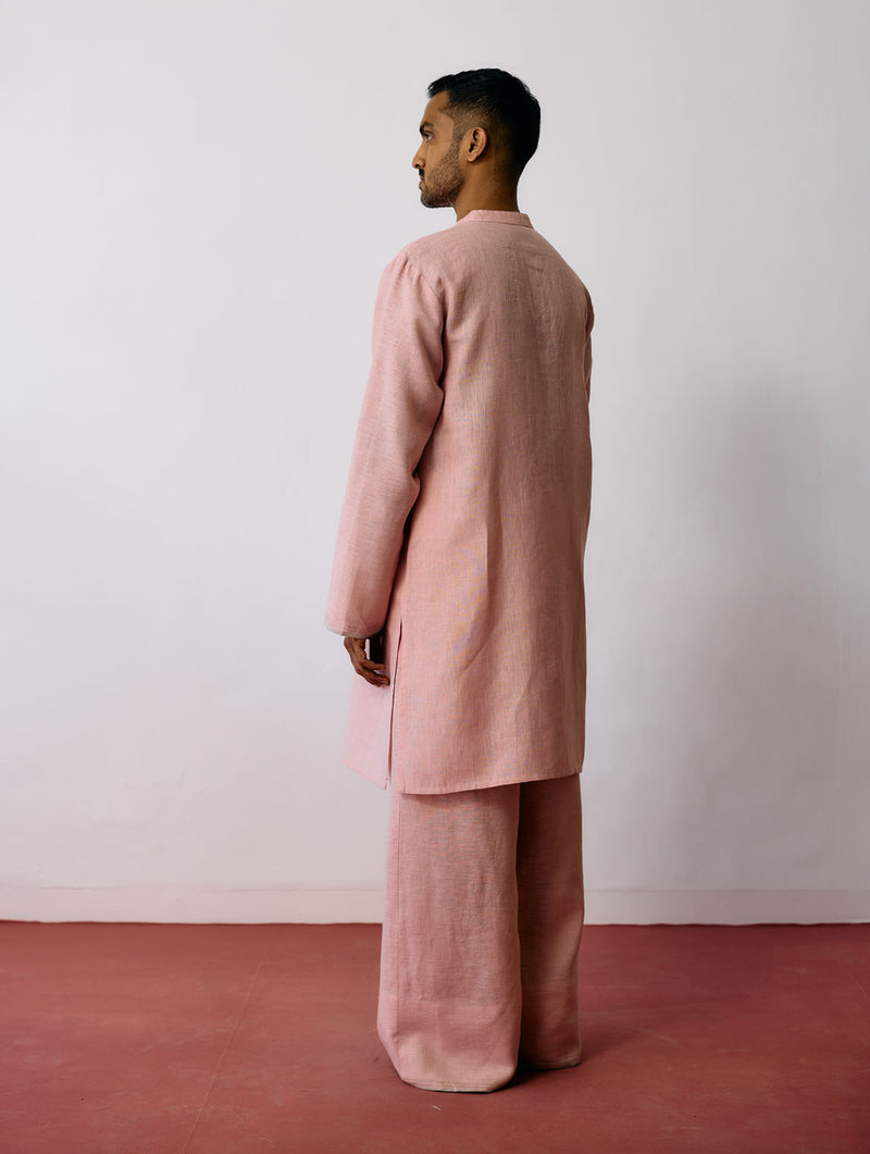 Keta Hand-Embroidered Linen Kurta-Pink linen kurta/kurta set by Manan Men in pink for men Worldwide