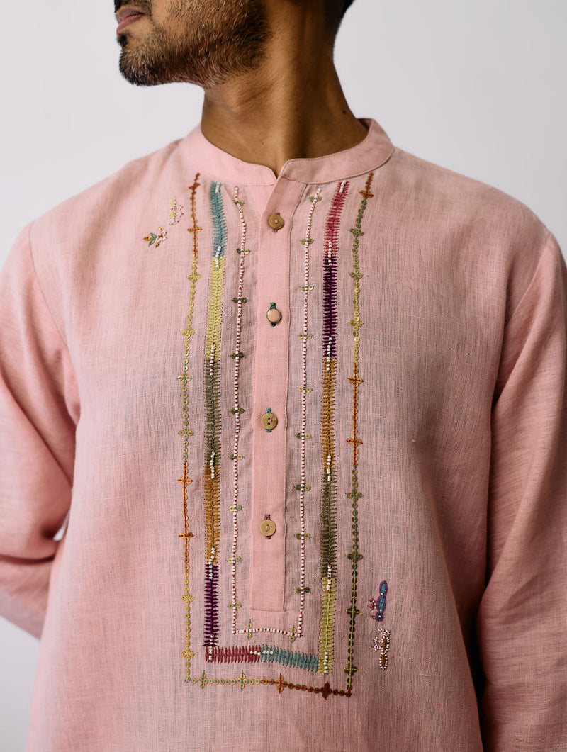Keta Hand-Embroidered Linen Kurta-Pink linen kurta/kurta set by Manan Men in pink for men Worldwide