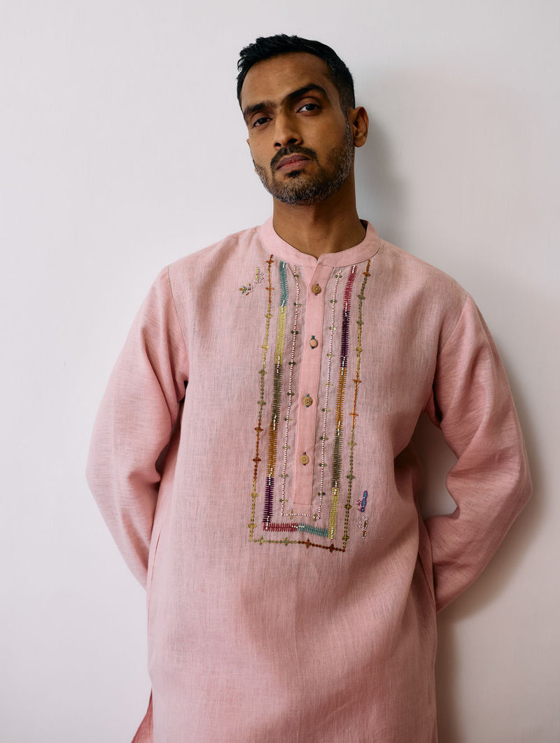 Keta Hand-Embroidered Linen Kurta-Pink linen kurta/kurta set by Manan Men in pink for men Worldwide