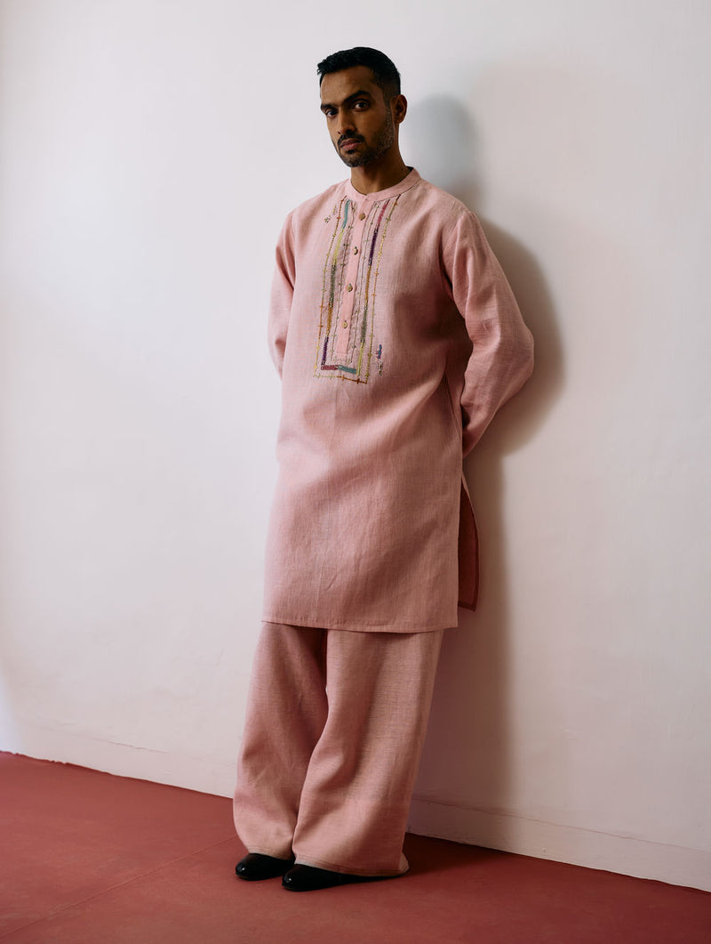 Keta Hand-Embroidered Linen Kurta Set-Pink linen kurta/kurta set by Manan Men in pink for men Worldwide
