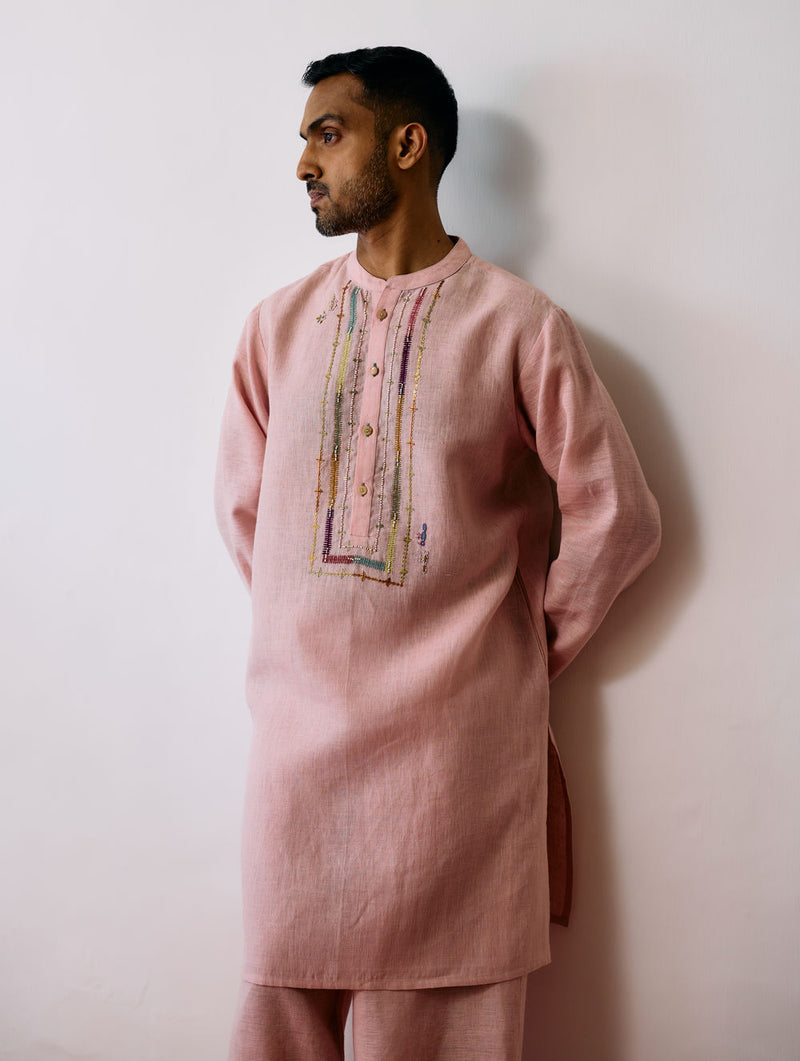 Keta Hand-Embroidered Linen Kurta-Pink linen kurta/kurta set by Manan Men in pink for men Worldwide