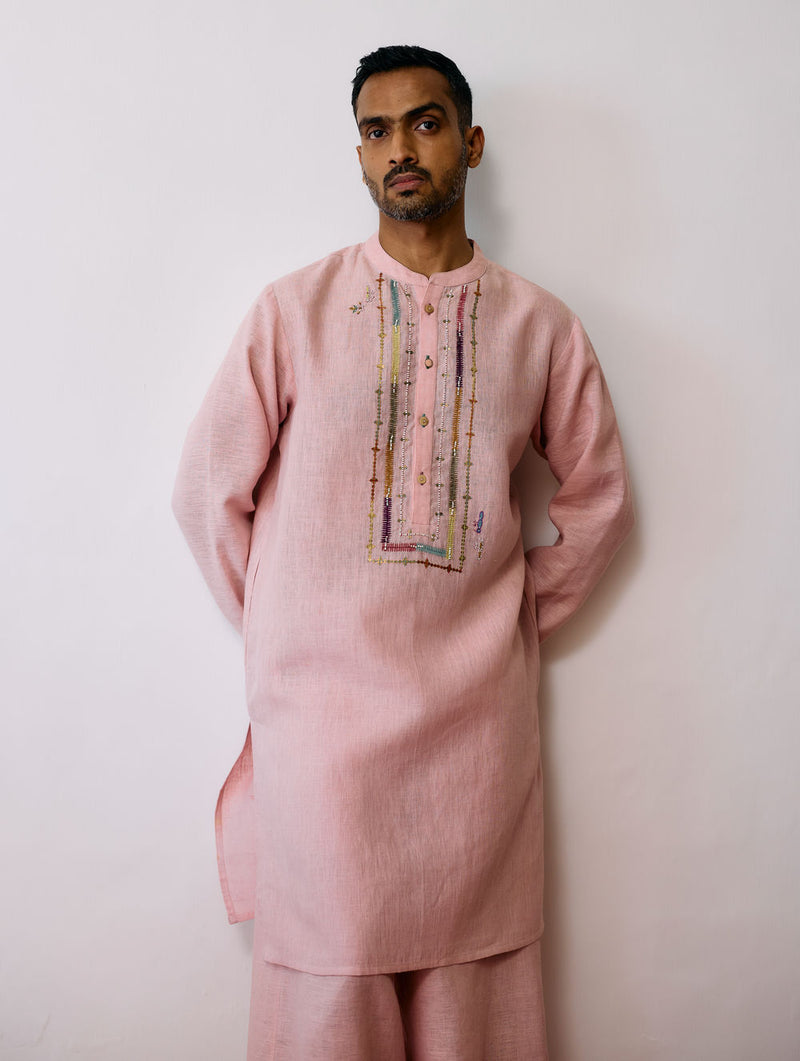 Keta Hand-Embroidered Linen Kurta Set-Pink linen kurta/kurta set by Manan Men in pink for men Worldwide