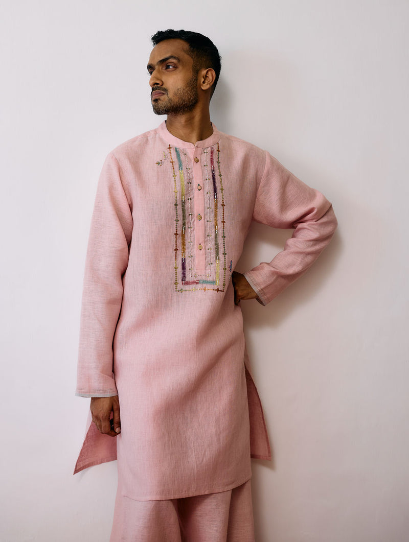 Keta Hand-Embroidered Linen Kurta-Pink linen kurta/kurta set by Manan Men in pink for men Worldwide
