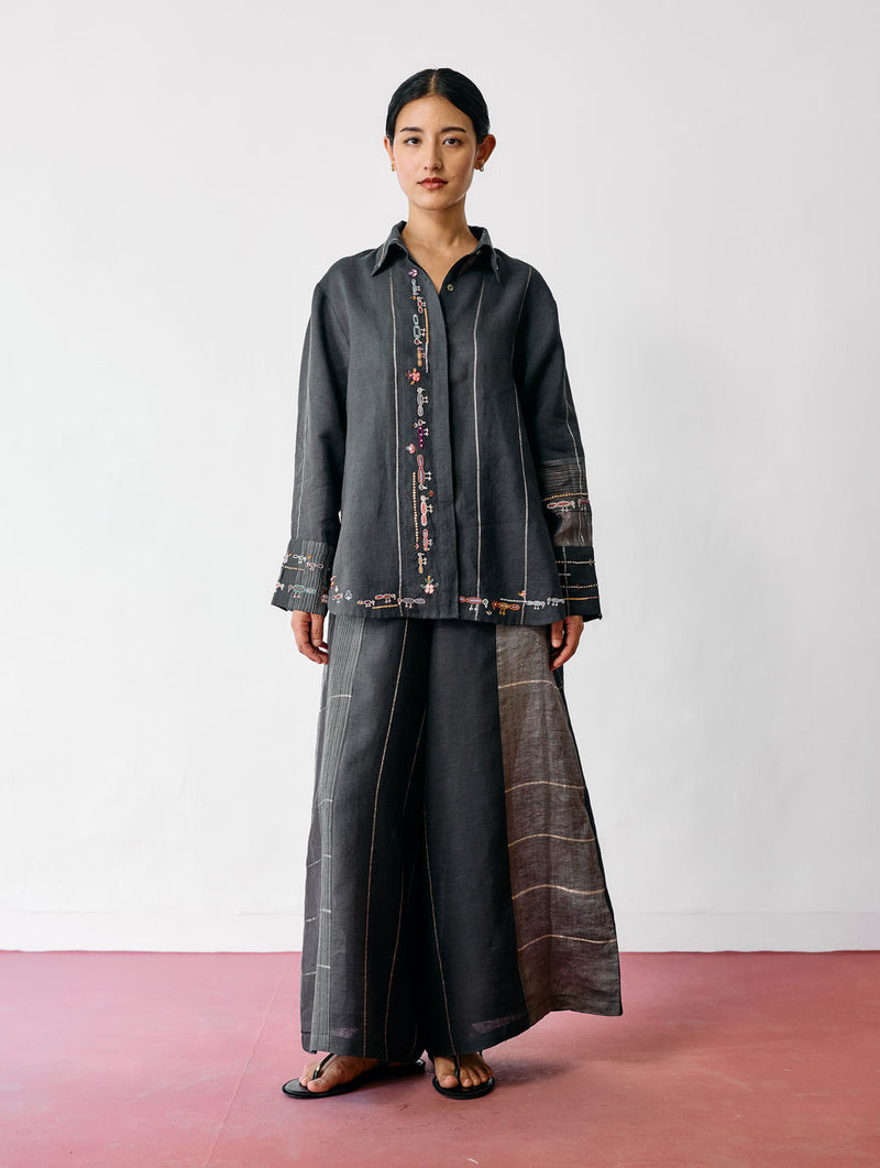 Hanat Hand-Embroidered Bird Co-ord-Charcoal linen co-ord set by Manan in black for women Worldwide