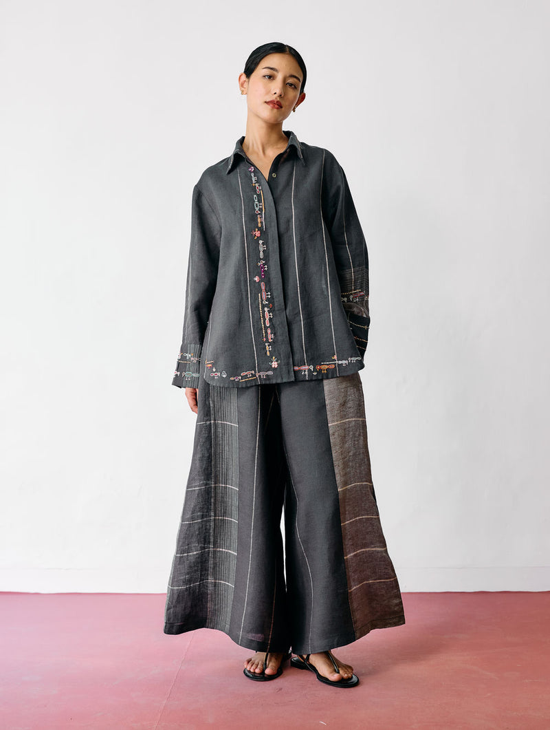 Hanat Hand-Embroidered Bird Co-ord-Charcoal linen co-ord set by Manan in black for women Worldwide