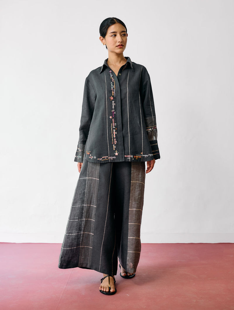 Hanat Hand-Embroidered Bird Co-ord-Charcoal linen co-ord set by Manan in black for women Worldwide