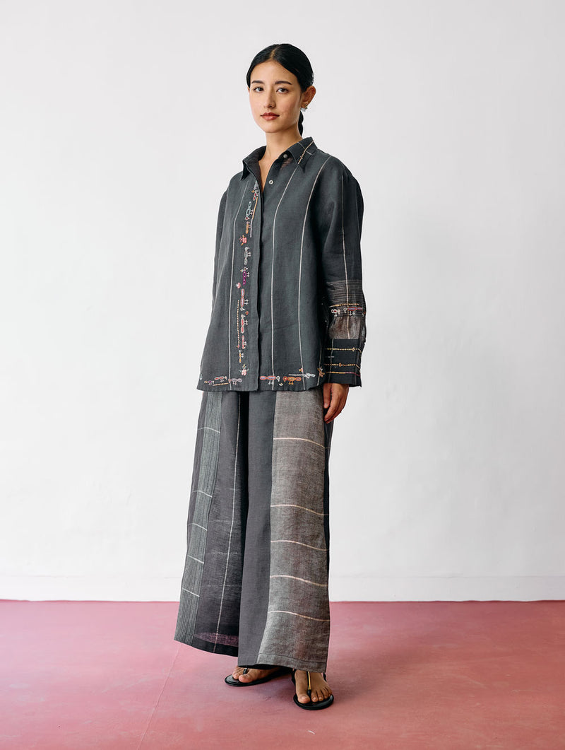 Hanat Hand-Embroidered Bird Co-ord-Charcoal linen co-ord set by Manan in black for women Worldwide