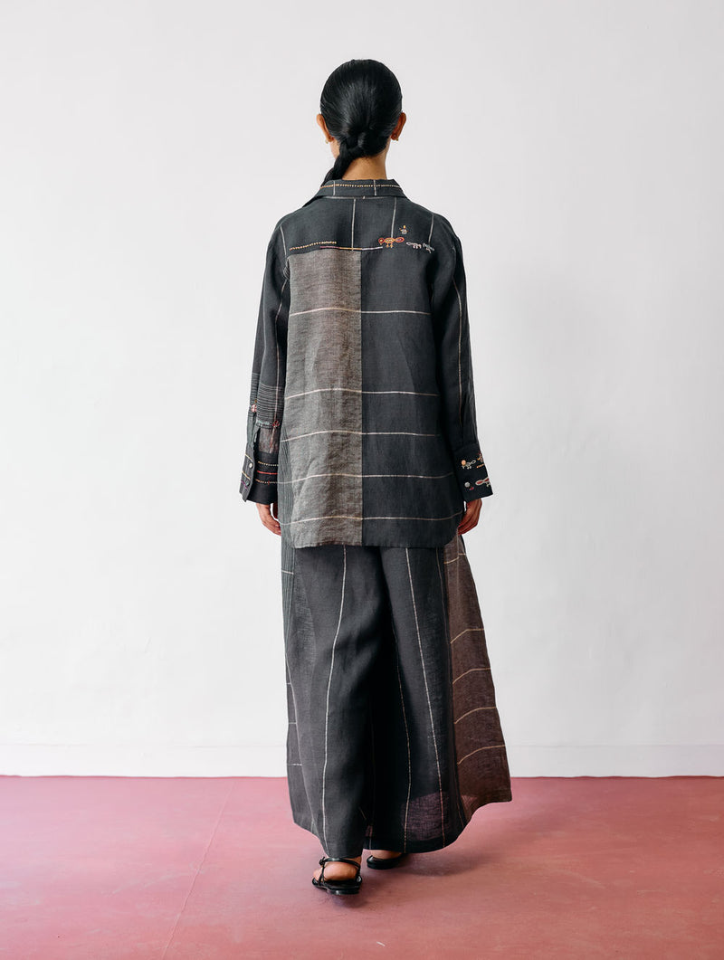Hanat Hand-Embroidered Bird Co-ord-Charcoal linen co-ord set by Manan in black for women Worldwide